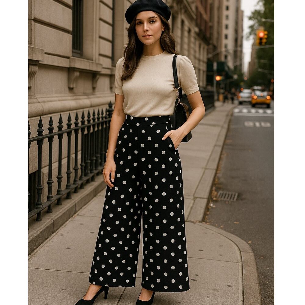 Vintage Neiman Marcus Farinae Black White Polka Dot Wide Leg Pants Women Size 12